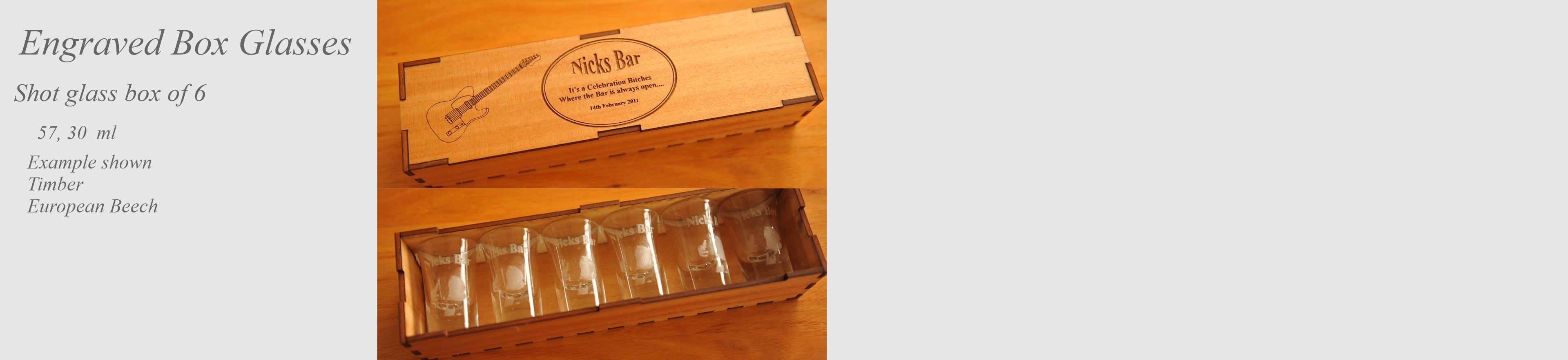 Set 6 Engraved shot glasses in timber box
