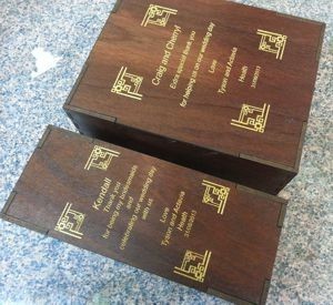 Wine box set engraved in jarrah timber boxes with gold fill in engraved box