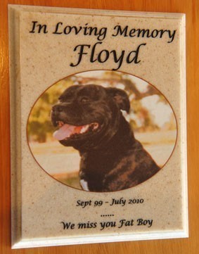 Corian sandstone memorial plaque engraved photo black fill text with brown fill