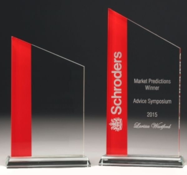Glass award engraved red band and clear glass