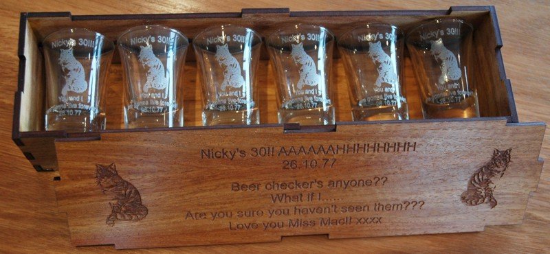 Blackwood box with engraved set 6 shot glasses