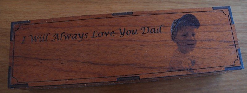 Red Gum engraved box with six shot glasses