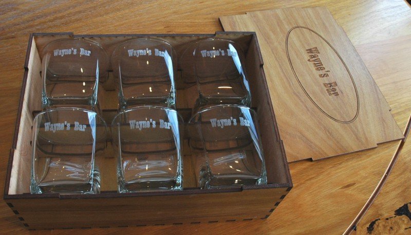 Whiskey glass set 6 engraved in blackwood box