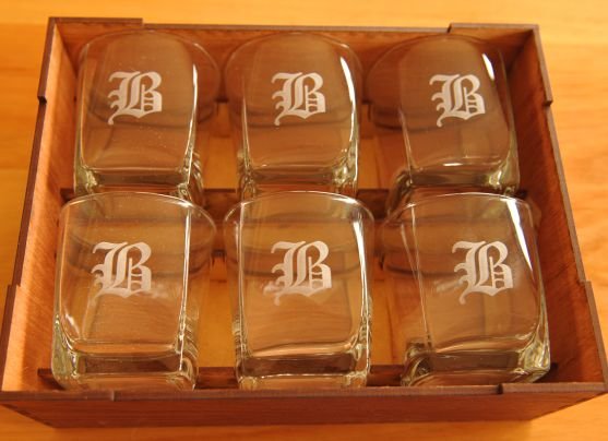 Whiskey glass set 6 engraved letter Blackwood box engraved with message and letter