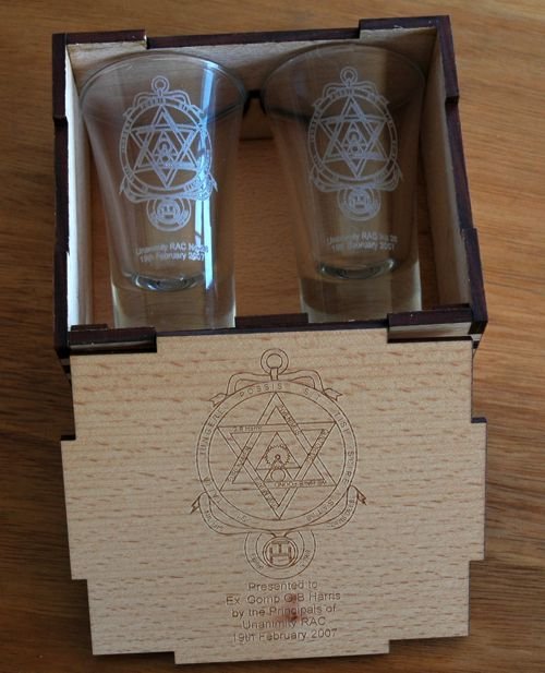 European Beech engraved box with pair of shot glasses