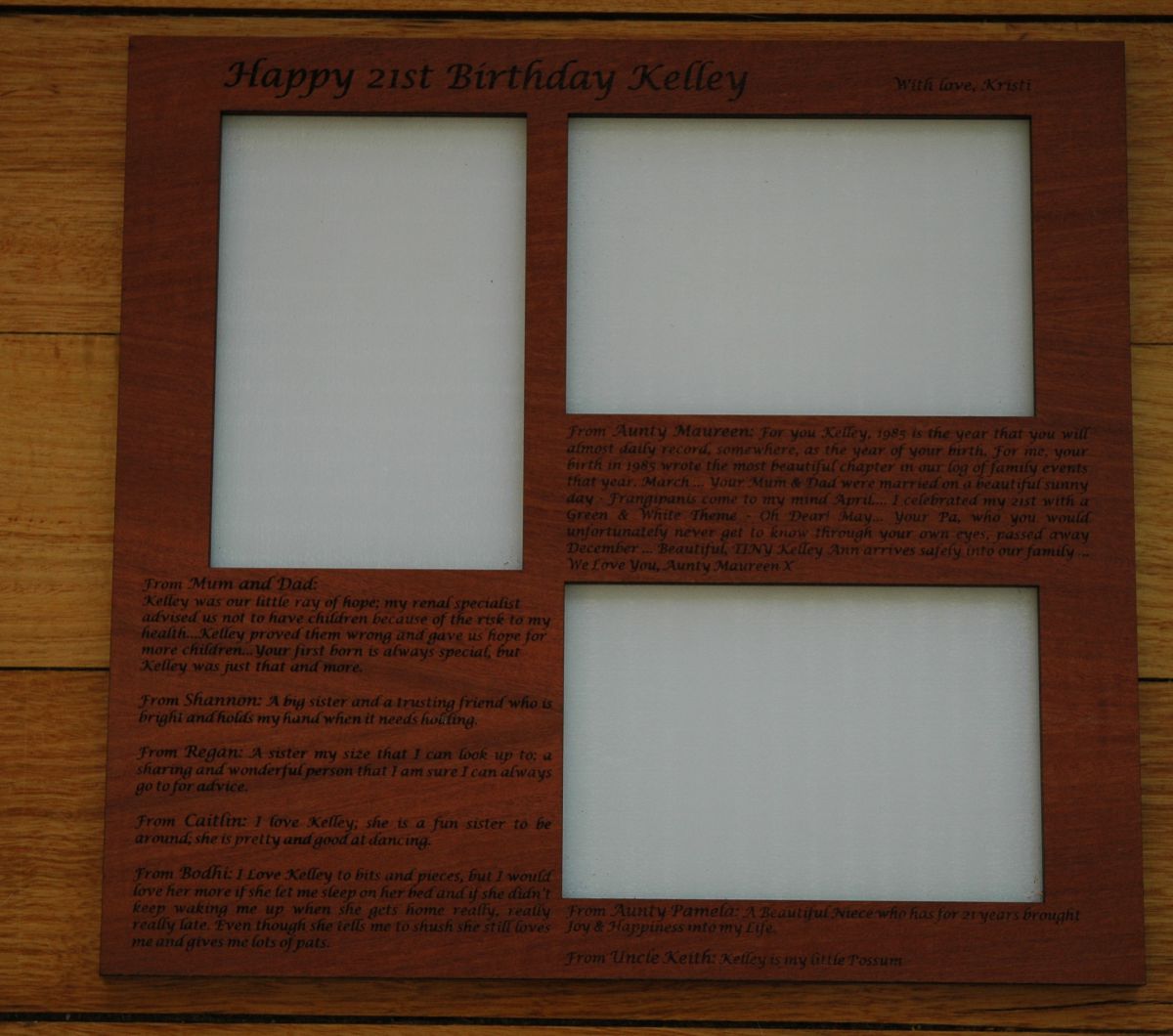 Red gum photo frame engraved 3 photo's