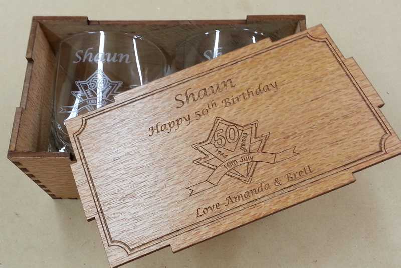 Whisky glass pair in silky oak box