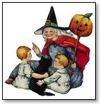 Halloween witch and children and punmkin on pole 190