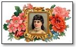 Girl in picture frame with flowers in range of pinks