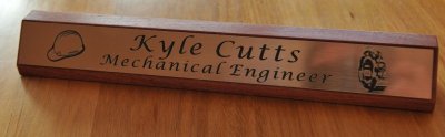 Red gum desk name plate copper with black engraving