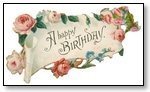 Happy Birthday white scroll with pink carnation border