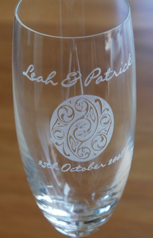 Champagne flute with text and heart motif