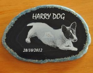 Black agate memorial stone engraved Dog photo and text