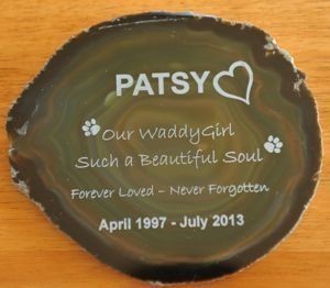 Pet rock memorial in dull green agate engraved graphics and text