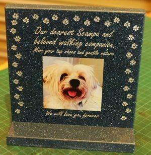 Dog memorial on desk stand corian stone black quartz with colour print and gold engrving