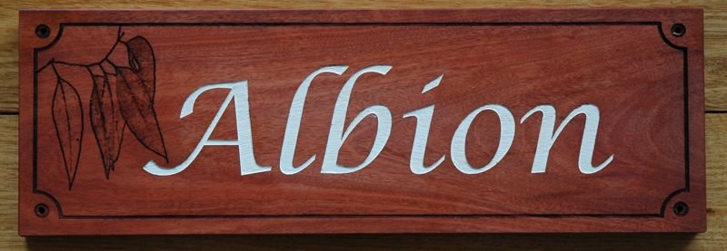 engraved house name sign Red gum Silver fill