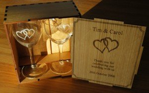 Tasmanian ash box engraved pair wine glasses