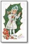 Christmas Cards Girl in white in front of holly leaf  005