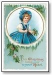 Christmas Cards Girl in blue holly window  009
