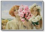 Art two girls with pink floral bouquet 01